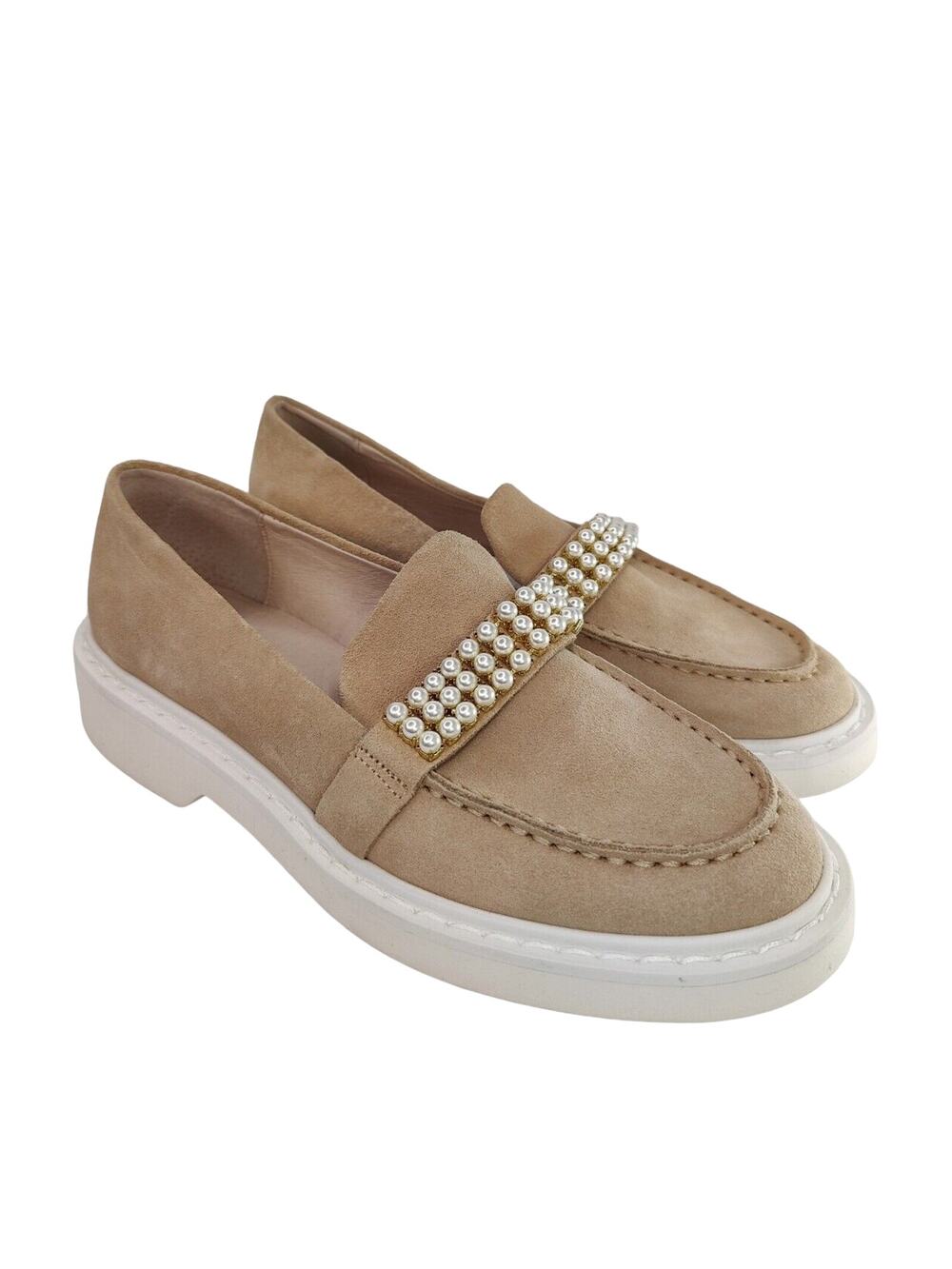 Tan suede Pearl Platform Loafers Sz 7.5